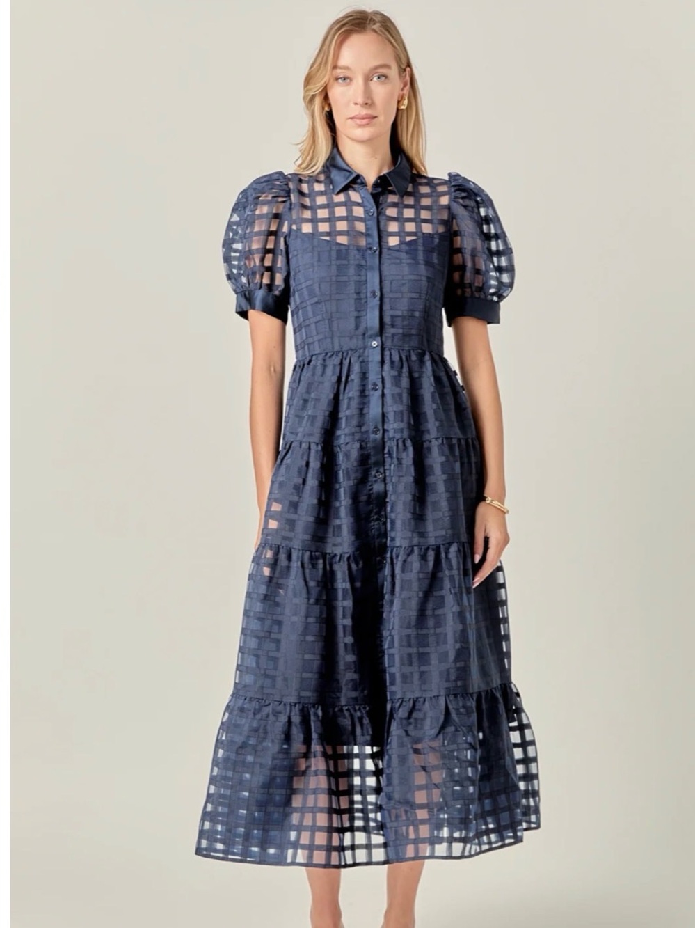 English Factory Gridded Organza Tiered Maxi Dress Navy M